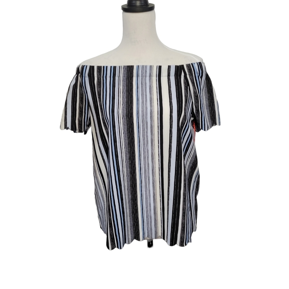 Elle Womens scallop off the shoulder top, size small, blue, black
